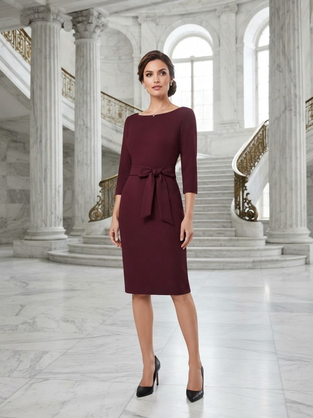 Calvin Klein Burgundy Midi Sheath Dress with Waist Tie